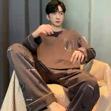 兰缪 纯棉圆领套头长袖长裤睡衣套装 男款 深灰