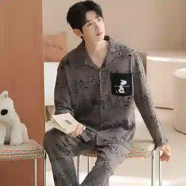 兰缪 翻领开衫可外穿男春夏秋款纯棉长袖男生薄款家居服睡衣套装 男款