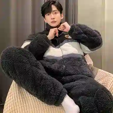 兰缪 三层加厚保暖青年舒适亲肤睡衣套装 男款 图片色