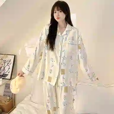 兰缪 简约亲肤舒适带胸垫一体防凸点长袖可外穿休闲长裤睡衣套装 女款 杏色