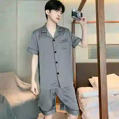 兰缪 夏季冰丝短袖时尚休闲短裤睡衣套装 男款 黑色