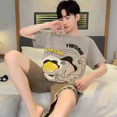 兰缪 莫代尔薄款休闲凉感短袖舒适透气亲肤短裤家居服睡衣套装 男款 图色