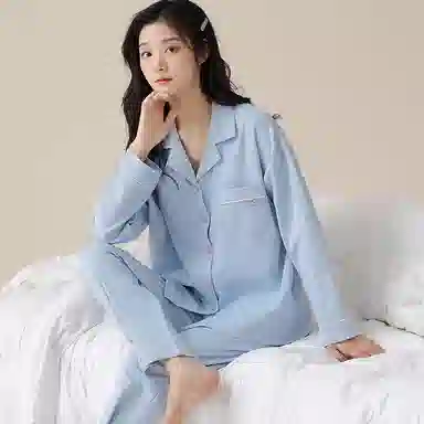 兰缪 纯棉长袖带胸垫简约舒适柔软亲肤睡衣套装 女款 图色