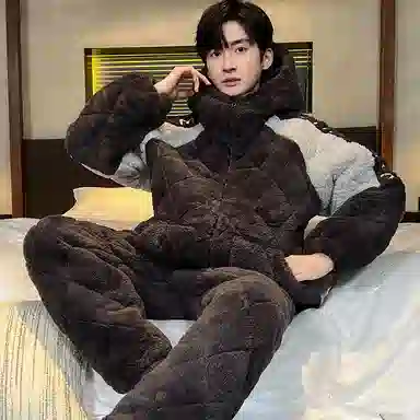 兰缪 保暖连帽简约舒适长袖长裤家居睡衣套装 男款 深灰色