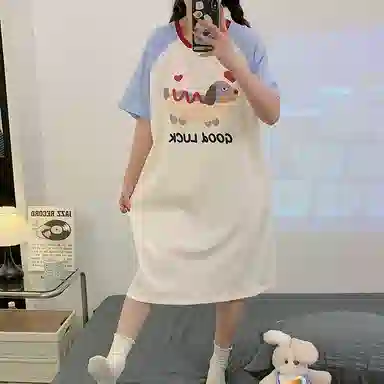 兰缪 带胸垫薄款宽松圆领套头中长款短袖睡裙 女款 图片色