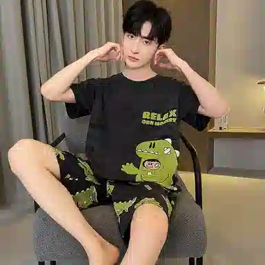 兰缪 卡通恐龙印花圆领套头短袖松紧短裤睡衣套装 男款 黑色