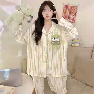 兰缪 简约亲肤舒适带胸垫一体防凸点长袖可外穿休闲长裤睡衣套装 女款 杏色