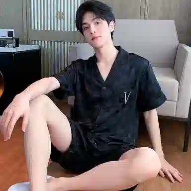 兰缪 翻领休闲短袖松紧腰短裤睡衣套装 男款 黑色