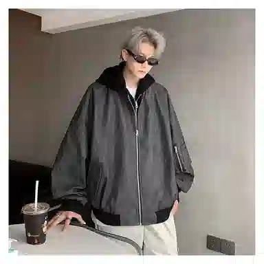 寻星记 美式复古高街假两件连帽飞行员风格外套 舒适百搭有质感夹克 男女同款