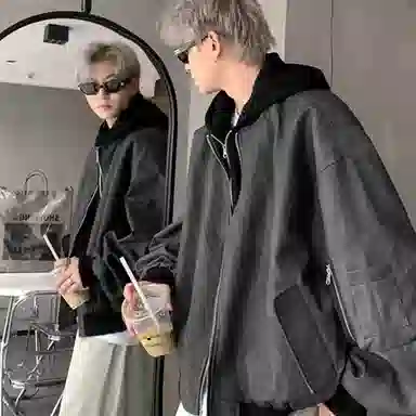 寻星记 美式复古高街假两件连帽飞行员风格外套 舒适百搭有质感夹克 男女同款