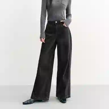 太平鸟 纯色口袋高腰直筒牛仔裤 女款