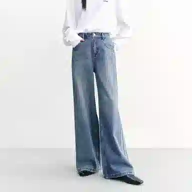 太平鸟 纯色口袋高腰直筒牛仔裤 女款