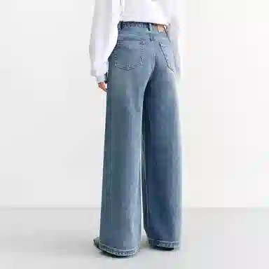 太平鸟 纯色口袋高腰直筒牛仔裤 女款