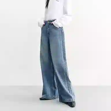 太平鸟 纯色口袋高腰直筒牛仔裤 女款