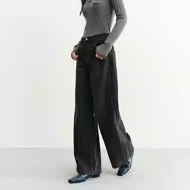 太平鸟 纯色口袋高腰直筒牛仔裤 女款