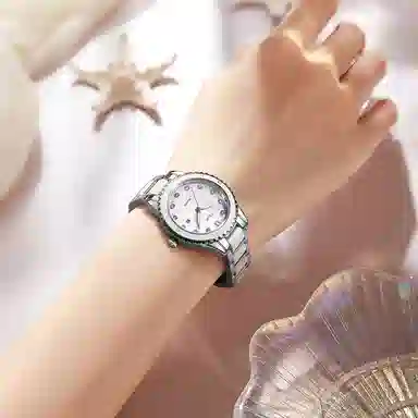 匹克满天星镶钻 腕表手表女士款学生职场休闲穿搭通用 石英机芯 精钢表带 国表 女 贝母色表盘 日常防水清爽表带