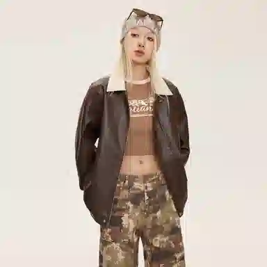 美式复古机车风纯色翻领宽松时尚拉链皮夹克皮衣 男女同款