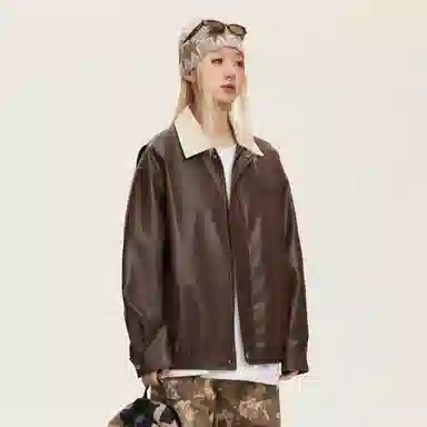 美式复古机车风纯色翻领宽松时尚拉链皮夹克皮衣 男女同款