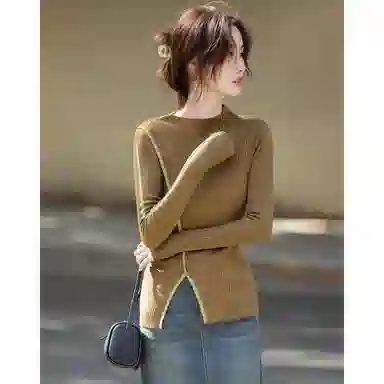 【dme】 秋季气质半高领线衫设计感分割撞色开叉优雅舒适简约大方修身针织衫 女款