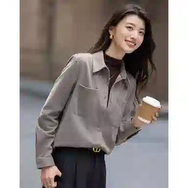 【dme】 秋季简约风翻领直筒贴袋小个子长袖纯色设计感衬衫 女款