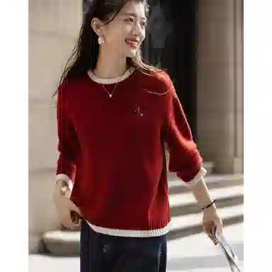 【dme】 冬季简约风绣花线衫拼色圆领宽松丰盈蓬松绵羊毛保暖显瘦百搭休闲针织衫 女款