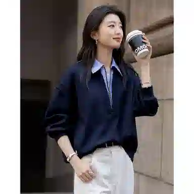 【dme】 秋季高智感假两件条纹拼接翻领设计感时尚简约卫衣 女款