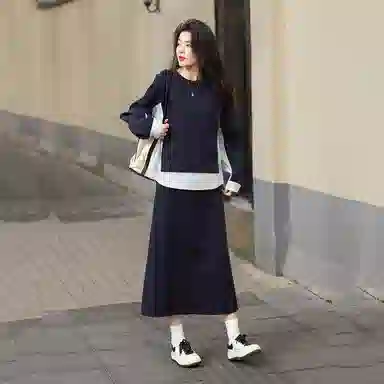 【dme】 圆领套头舒适长袖卫衣开叉休闲长裙裙装套装 女款