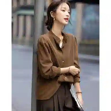 【dme】 冬季保暖修身通勤立领花边装饰泡泡袖衬衣秋冬外套长袖慵懒风宽松显瘦舒适百搭透气正肩复古日常时尚潮流基础款衬衫 女款