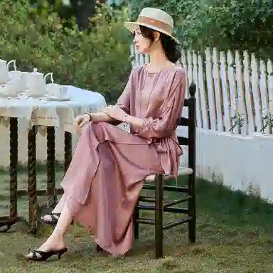 【dme】 缎面茶歇裙静奢风围裹式设计感简约圆领通勤系带收腰七分袖长袖连衣裙 女款