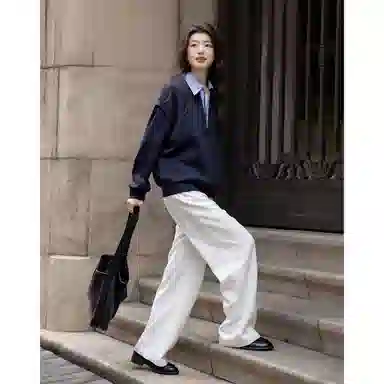 【dme】 秋季高智感假两件条纹拼接翻领设计感时尚简约卫衣 女款