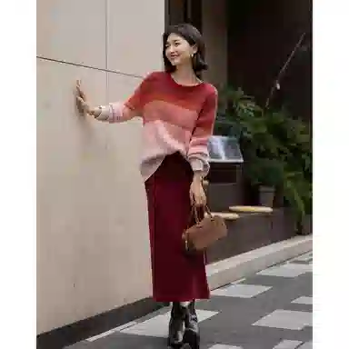 【dme】 冬季渐变拼色圆领线衫宽松含绵羊毛慵懒上衣日常休闲高级感大方经典气质职场干练高智感时尚潮流亲肤透气小个子美拉德针织衫 女款