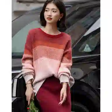 【dme】 冬季渐变拼色圆领线衫宽松含绵羊毛慵懒上衣日常休闲高级感大方经典气质职场干练高智感时尚潮流亲肤透气小个子美拉德针织衫 女款