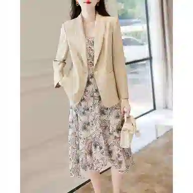 【dme】 纯色西装外套吊带碎花连衣裙 裙装套装 女款 杏色