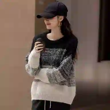 【dme】 拼色圆领套头针织衫 女款 黑色