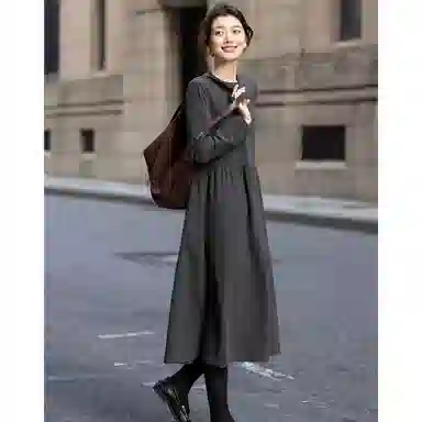 【dme】 秋季复古半开襟圆领抽皱收腰伞裙中长款暖暖的德绒经典设计高腰修身优雅气质百搭款式时尚显瘦法式风格拼接 长袖连衣裙 女款