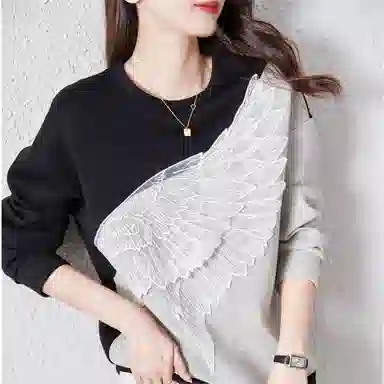 【dme】 撞色圆领套头翅膀刺绣落肩长袖卫衣 女款 灰色