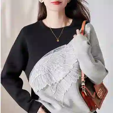 【dme】 撞色圆领套头翅膀刺绣落肩长袖卫衣 女款 灰色