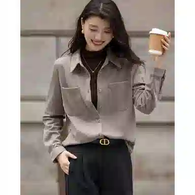 【dme】 秋季简约风翻领直筒贴袋小个子长袖纯色设计感衬衫 女款