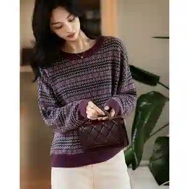 【dme】 冬季复古提花线衫撞色圆领宽松上衣时尚潮流优雅气质保暖舒适简约大方高品质甜美可爱小个子暖和利落干练秋冬内搭长袖针织衫 女款