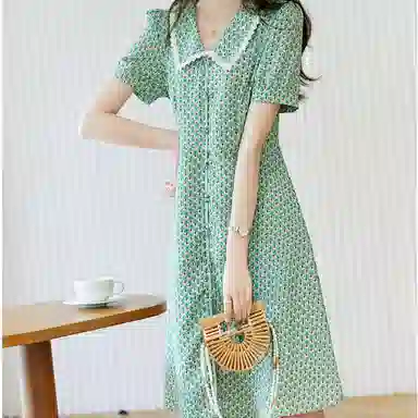 【dme】碎花娃娃领短袖连衣裙 绿色
