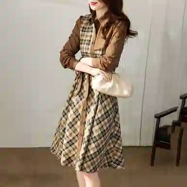 【dme】拼接格纹长袖连衣裙 卡其