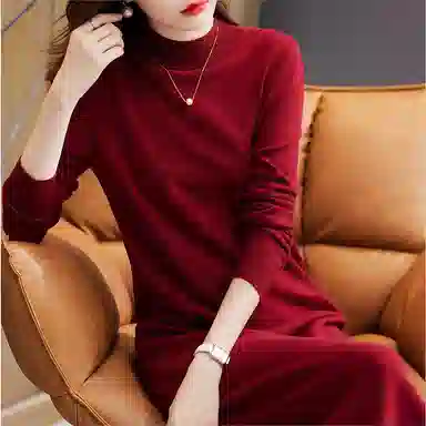 【dme】 纯色半高领简约中腰休闲长袖连衣裙 女款