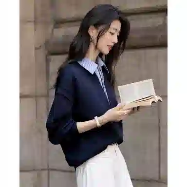 【dme】 秋季高智感假两件条纹拼接翻领设计感时尚简约卫衣 女款