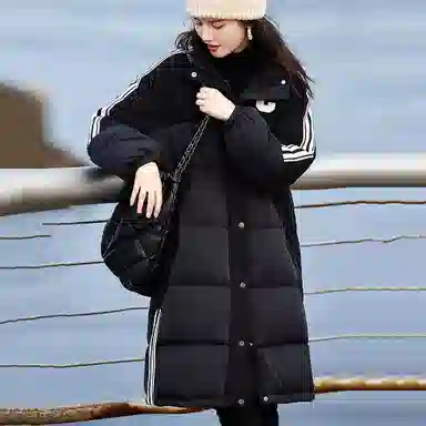 【dme】 纯色加厚保暖条纹立领长款羽绒服 女款