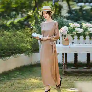 【dme】 缎面茶歇裙静奢风围裹式设计感简约圆领通勤系带收腰七分袖长袖连衣裙 女款
