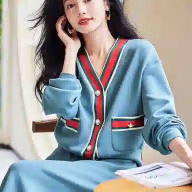 【dme】 休闲条纹长袖上衣纯色长裙裙装套装 女款 湖蓝