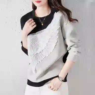 【dme】 撞色圆领套头翅膀刺绣落肩长袖卫衣 女款 灰色