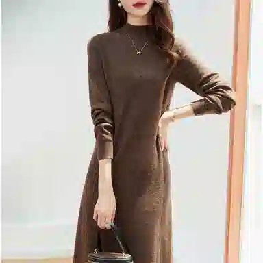 【dme】 纯色半高领简约中腰休闲长袖连衣裙 女款