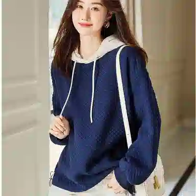 【dme】 拼接撞色宽松连帽套头加绒加厚长袖卫衣 女款