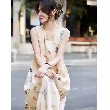 【dme】 圆领蝴蝶印花中长款无袖连衣裙 女款 杏色